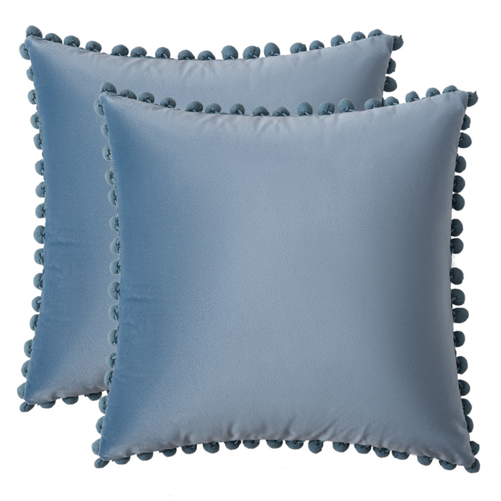 Set of 2 Premium Pompom Velvet Cushions - 45x45cm with Zipped Covers & Inserts