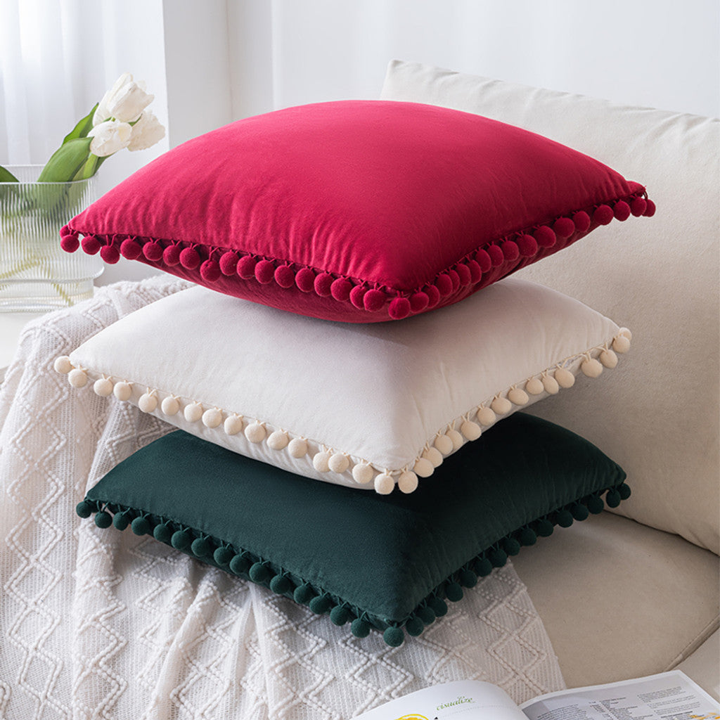 Set of 2 Premium Pompom Velvet Cushions - 45x45cm with Zipped Covers & Inserts