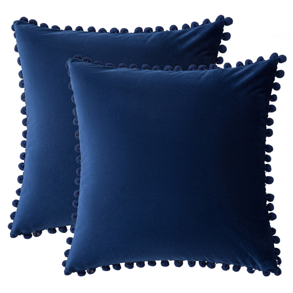 Set of 2 Premium Pompom Velvet Cushions - 45x45cm with Zipped Covers & Inserts