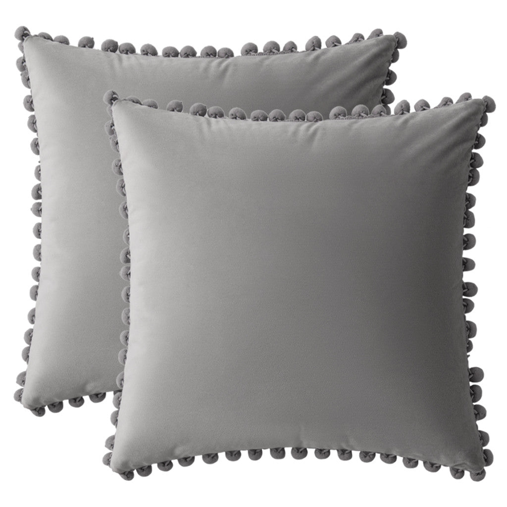 Set of 2 Premium Pompom Velvet Cushions - 45x45cm with Zipped Covers & Inserts