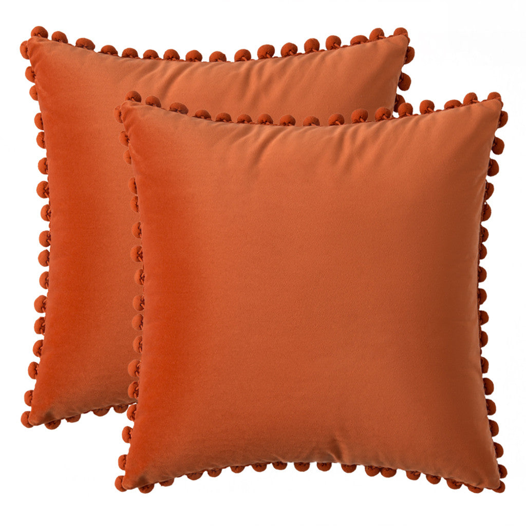 Set of 2 Premium Pompom Velvet Cushions - 45x45cm with Zipped Covers & Inserts