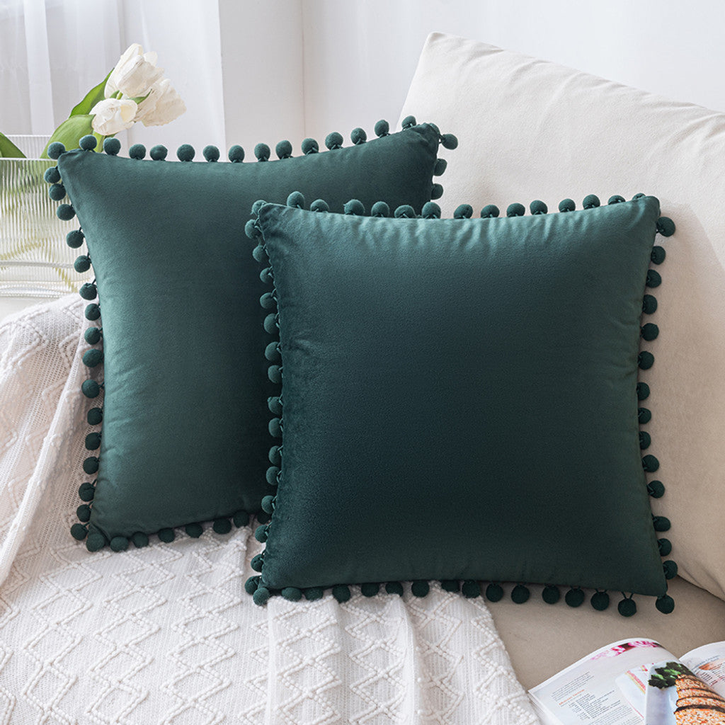 Set of 2 Premium Pompom Velvet Cushions - 45x45cm with Zipped Covers & Inserts