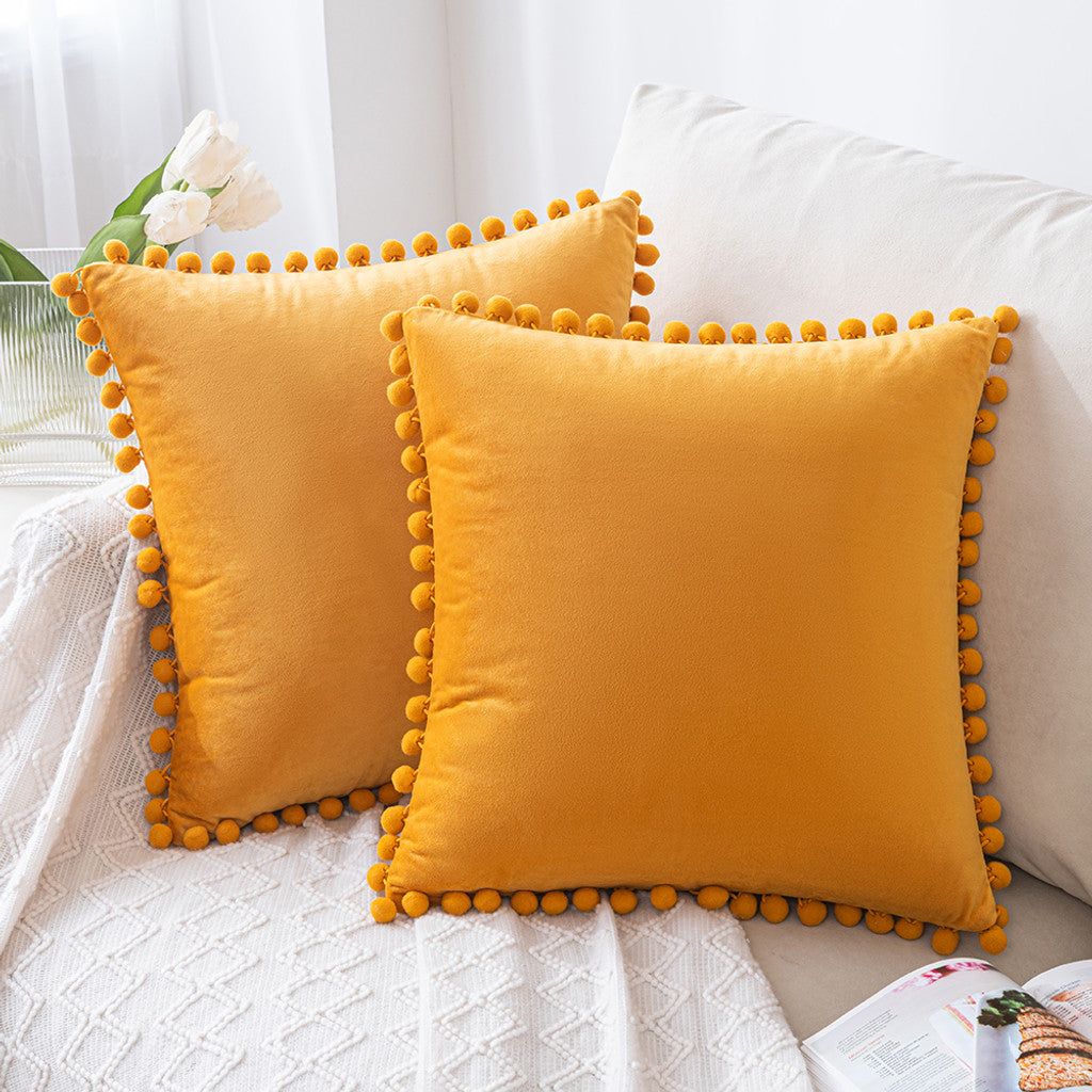 Set of 2 Premium Pompom Velvet Cushions - 45x45cm with Zipped Covers & Inserts