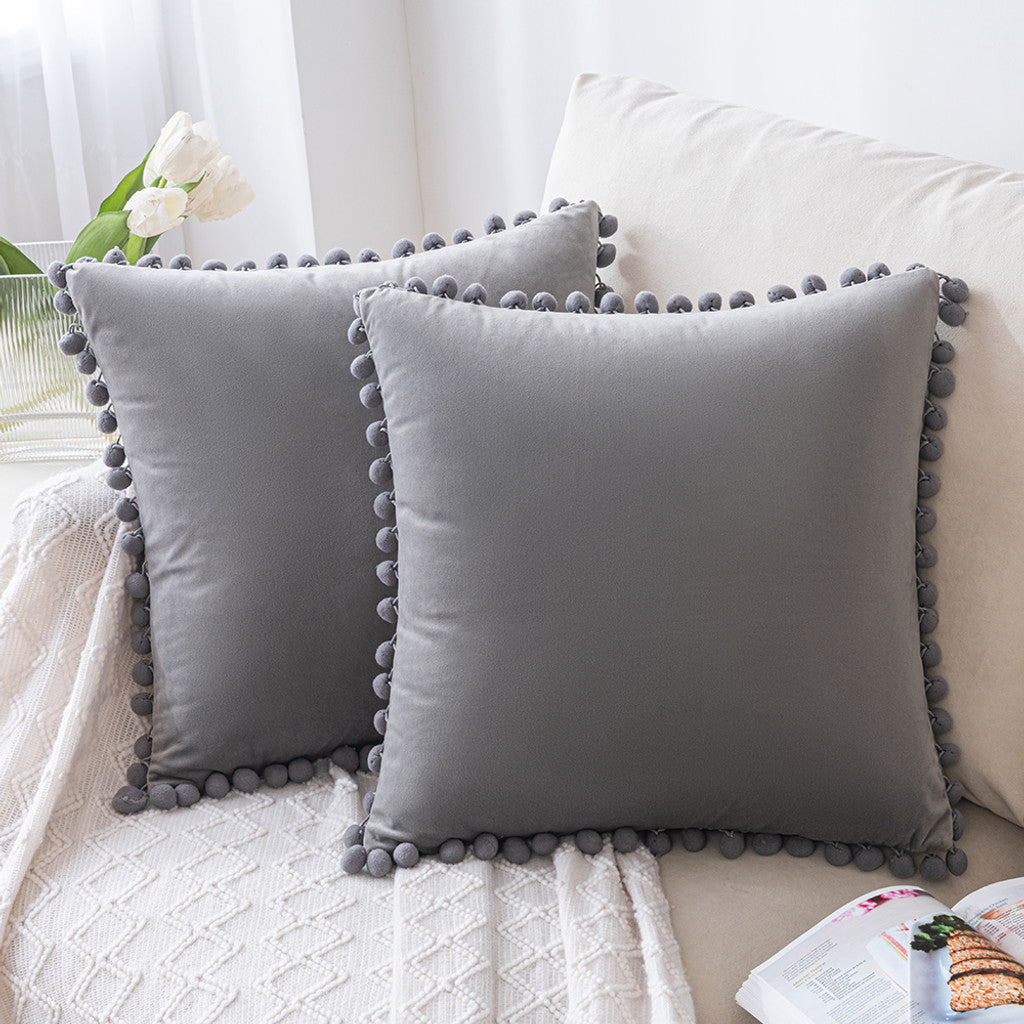 Set of 2 Premium Pompom Velvet Cushions - 45x45cm with Zipped Covers & Inserts