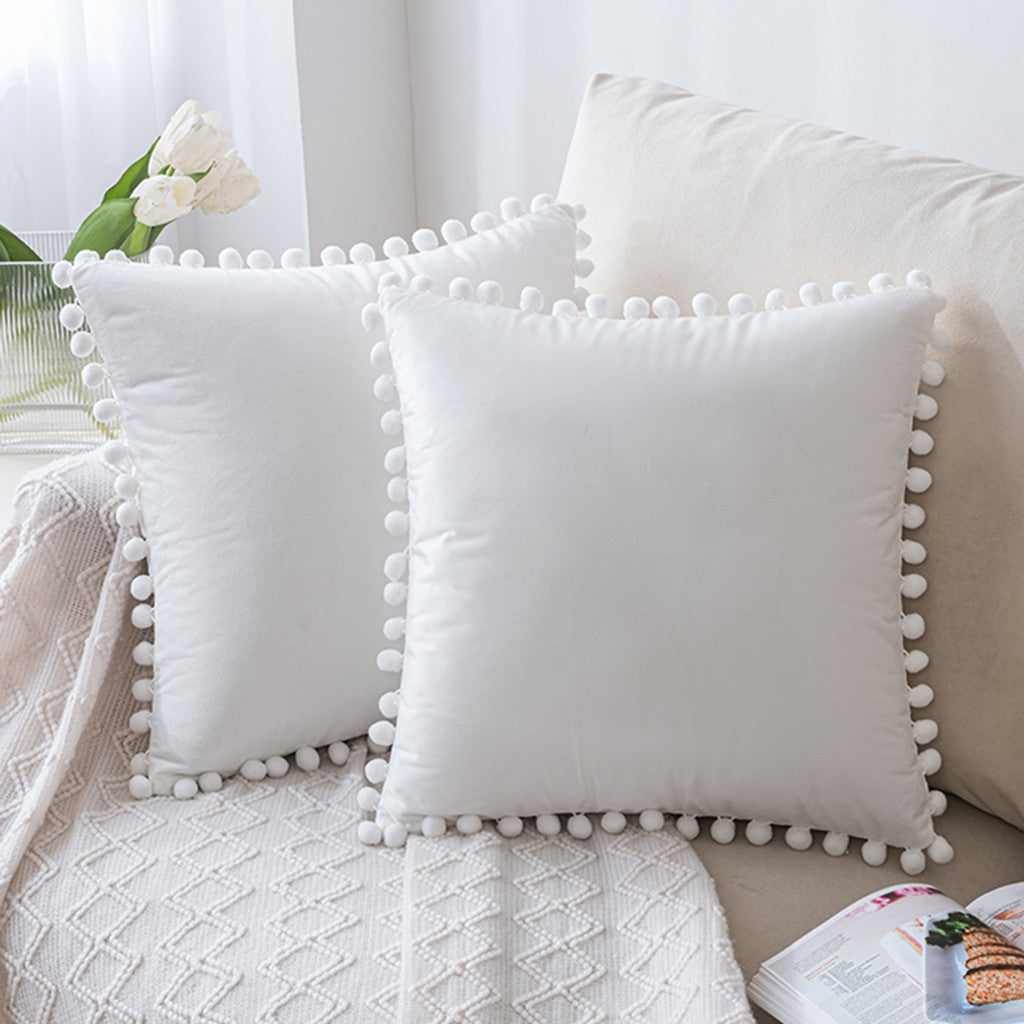 Set of 2 Premium Pompom Velvet Cushions - 45x45cm with Zipped Covers & Inserts